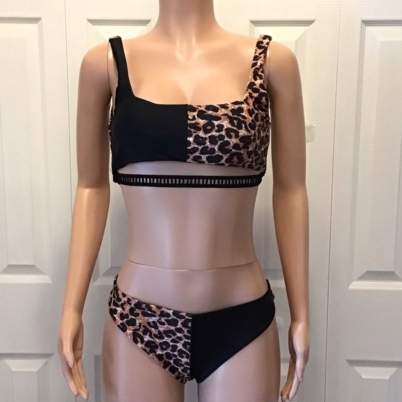 Shein Womens 2pc Colorblock Leopard Print Ladder Trim Bikini Set Size Large - Picture 1 of 6